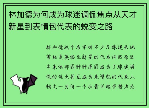 林加德为何成为球迷调侃焦点从天才新星到表情包代表的蜕变之路
