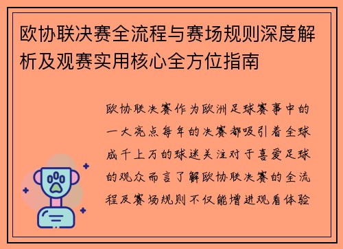 欧协联决赛全流程与赛场规则深度解析及观赛实用核心全方位指南 欧协联决赛全流程与赛场规则深度解析及观赛实用核心全方位指南